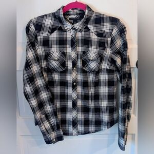 Tommy Hilfiger Women's Plaid Snap Front Shirt, Size M, dark blue and white